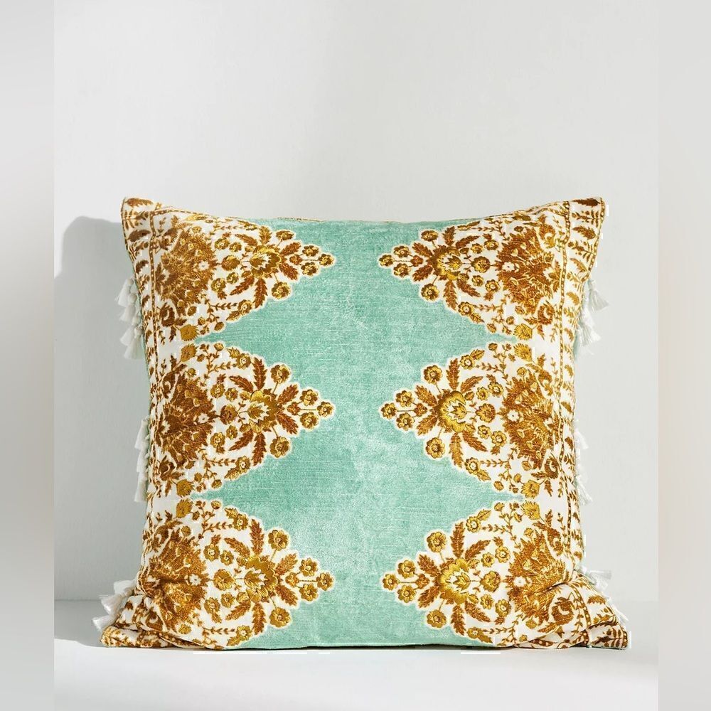 Anthropologie Tiya Tassel Pillow  20x20 Blue NWT